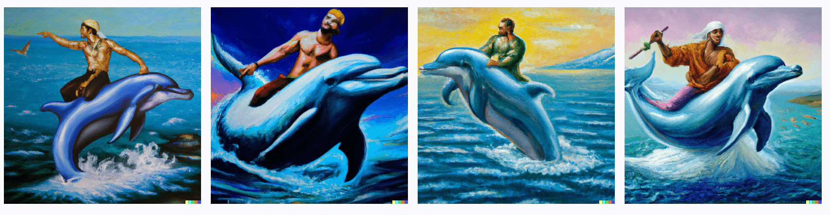 Oil painting of Drake riding a dolphin